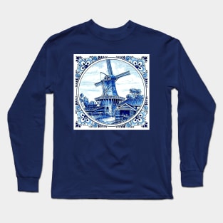 Dutch Blue Delft Large Windmill Scene Print Long Sleeve T-Shirt